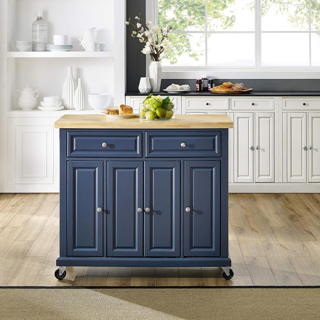 Crosley Furniture Madison Madison Rolling Kitchen Island Cart, Microwave Stand, Coffee Bar, with Shelves and Drawers, Navy