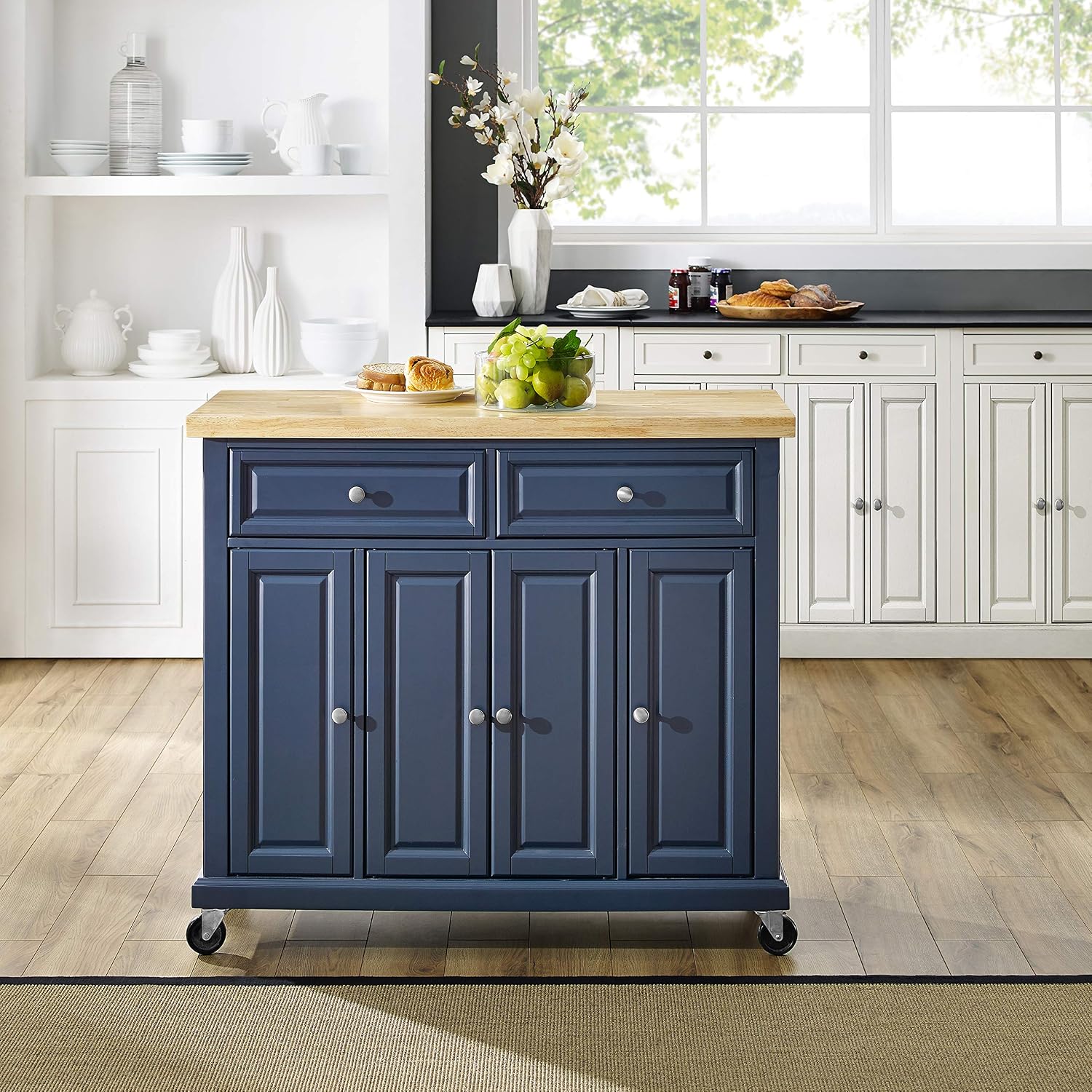 Crosley Furniture Madison Madison Rolling Kitchen Island Cart, Microwave Stand, Coffee Bar, with Shelves and Drawers, Navy