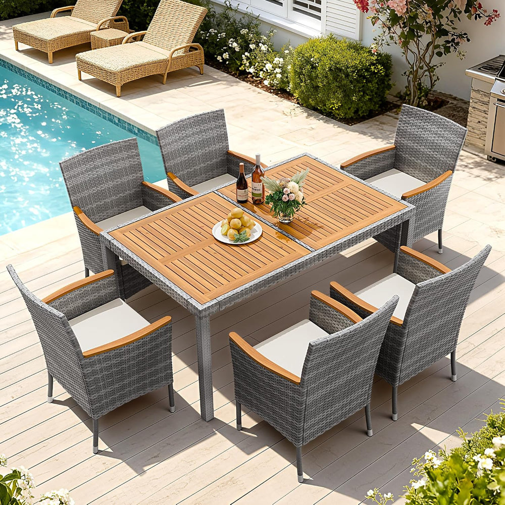 Devoko 7 PCS Acacia Wood Patio Dining Set, Gray Rattan
