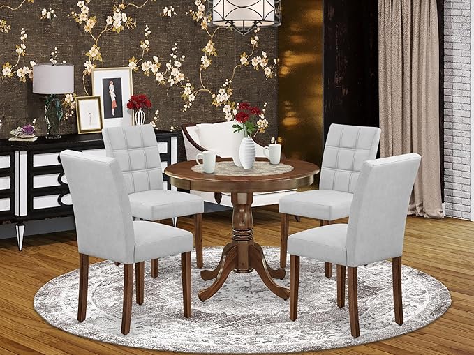 East West Furniture ANAS5-AWA-27 5 Piece Mid Century Dining Set Includes A Dinner Table and 4 Light Gray Polyester Fabric Parsons Chairs, Antique Walnut