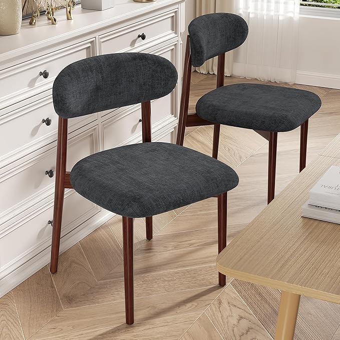 Wooden Dining Chair Set of 2, Modern Dining Chairs with with Curved Back, Fabric Upholstered Kitchen Dining Room Chairs with Adjustable Legs for Farmhouse Dining Living Room,Dark Grey