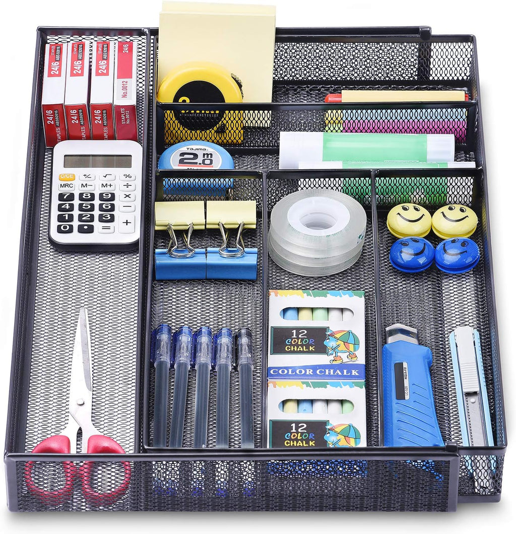 WuGeShop Expandable Office Desk Organizer, 7 compartments Mesh Desk Drawer Organizer Desk Organizer tray, Metal Office Supplies Accessories Storage, Black
