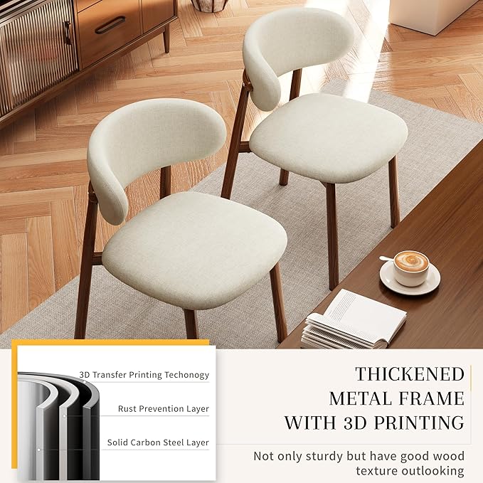Kitchen Dining Chairs Set of 2 Modern Soft Linen Farmhouse Dining Room Chair with Metal Legs, Beige/Walnut