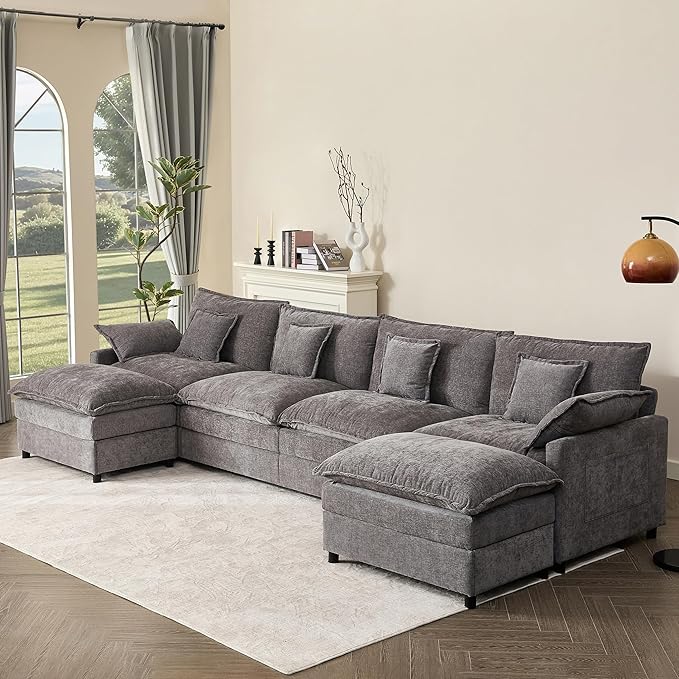 142.5" U Shaped Couch, Modular Sectional Sofa, 3-Seater Comfy Cloud Couch, Set of Modular Pieces with Movable Ottoman, Deep Seat Couches for Living Room, Chenille, Slate