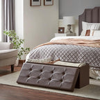 SONGMICS MAZIE Collection - 43 Inches Storage Ottoman Bench with Flipping Lid, Storage Chest with Iron Frame Support, Load 660 lb, for Living Room, Bedroom, Synthetic Leather, Brown ULSF75BR