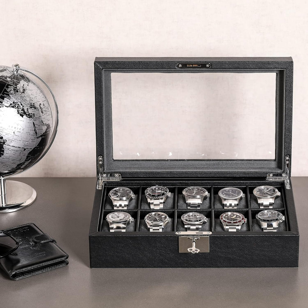 ROTHWELL 10 Slot Leather Watch Box - Luxury Case Display Jewelry Organizer - Locking Watch Display Case Holder with Large Glass Top - Box Organizer for Men and Women (Black/Grey)