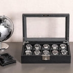 ROTHWELL 10 Slot Leather Watch Box - Luxury Case Display Jewelry Organizer - Locking Watch Display Case Holder with Large Glass Top - Box Organizer for Men and Women (Black/Grey)