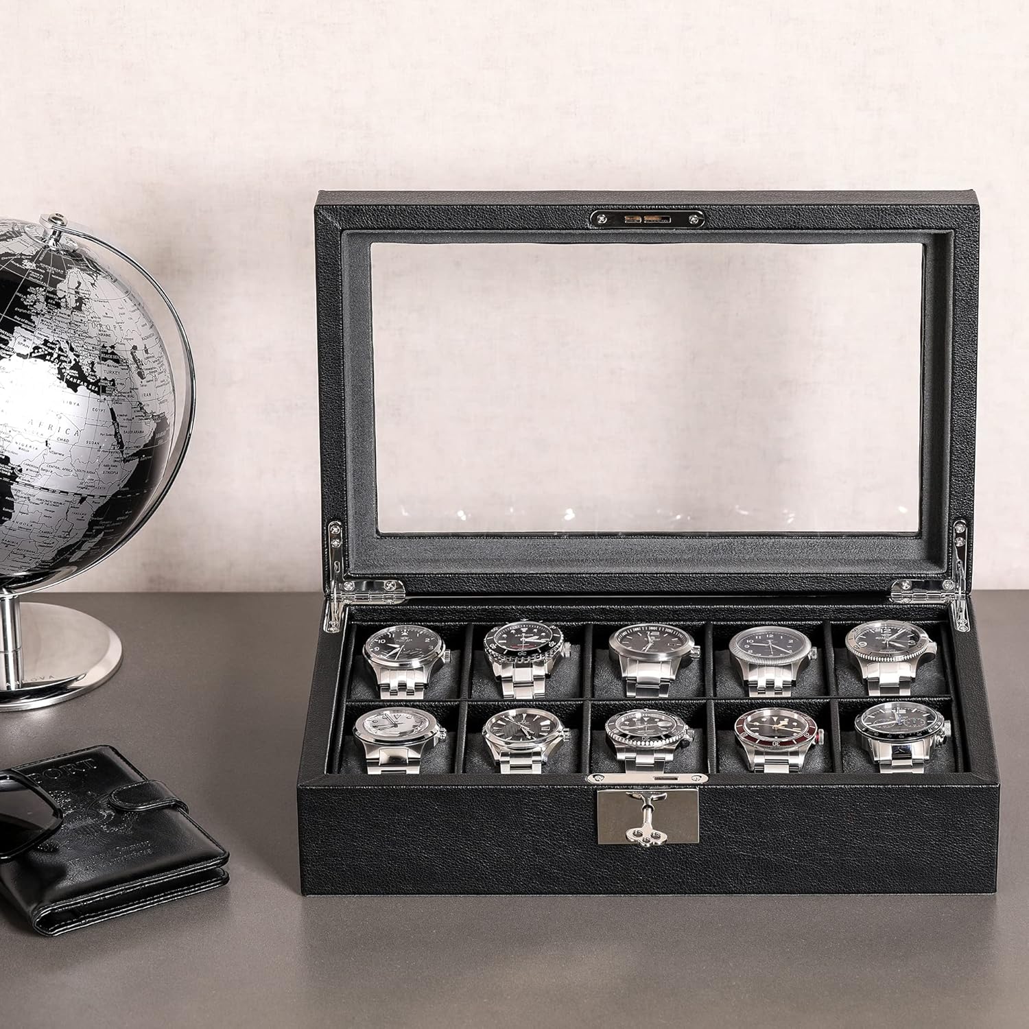 ROTHWELL 10 Slot Leather Watch Box - Luxury Case Display Jewelry Organizer - Locking Watch Display Case Holder with Large Glass Top - Box Organizer for Men and Women (Black/Grey)