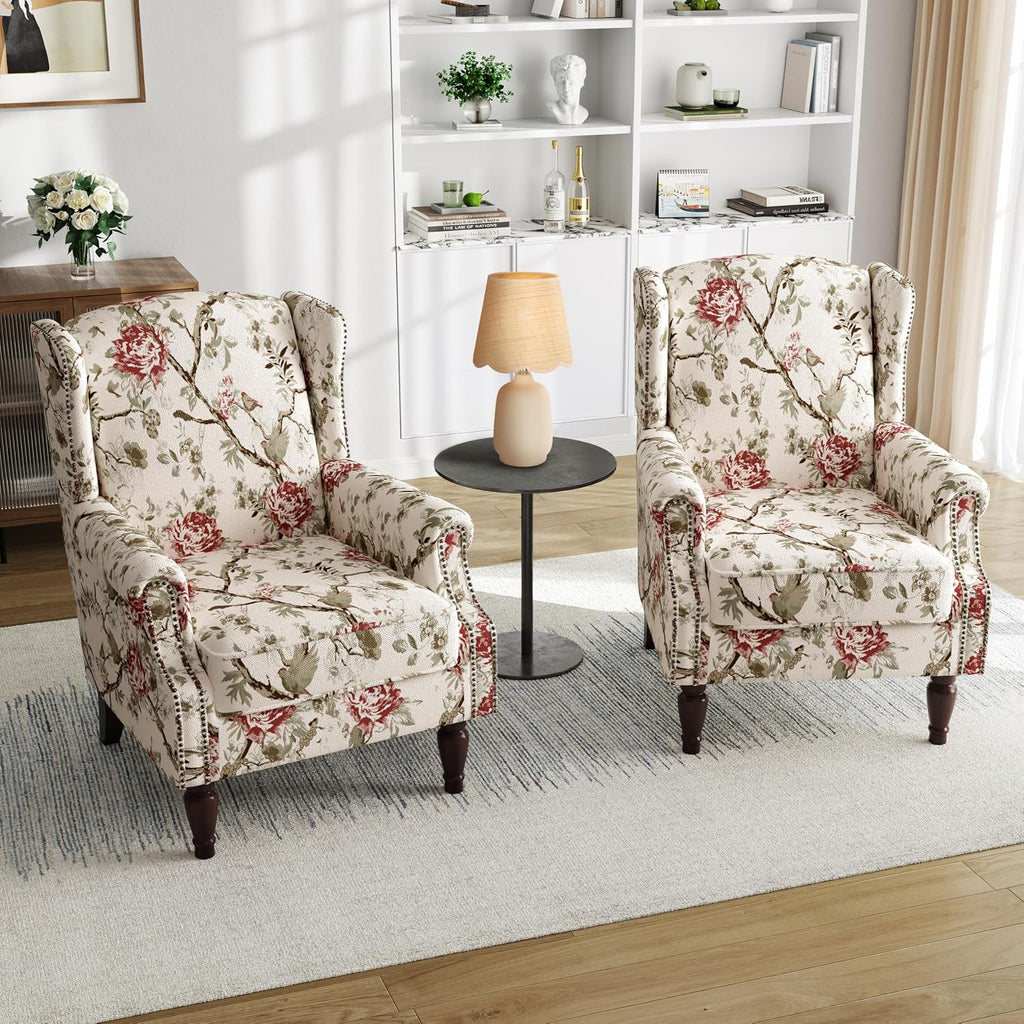 High Back Floral Accent Chair - Retro Wingback Upholstered Armchair with Nailhead Trim, Solid Wood Legs, Fabric Living Room Bedroom Reading Chair (Flower Beige)