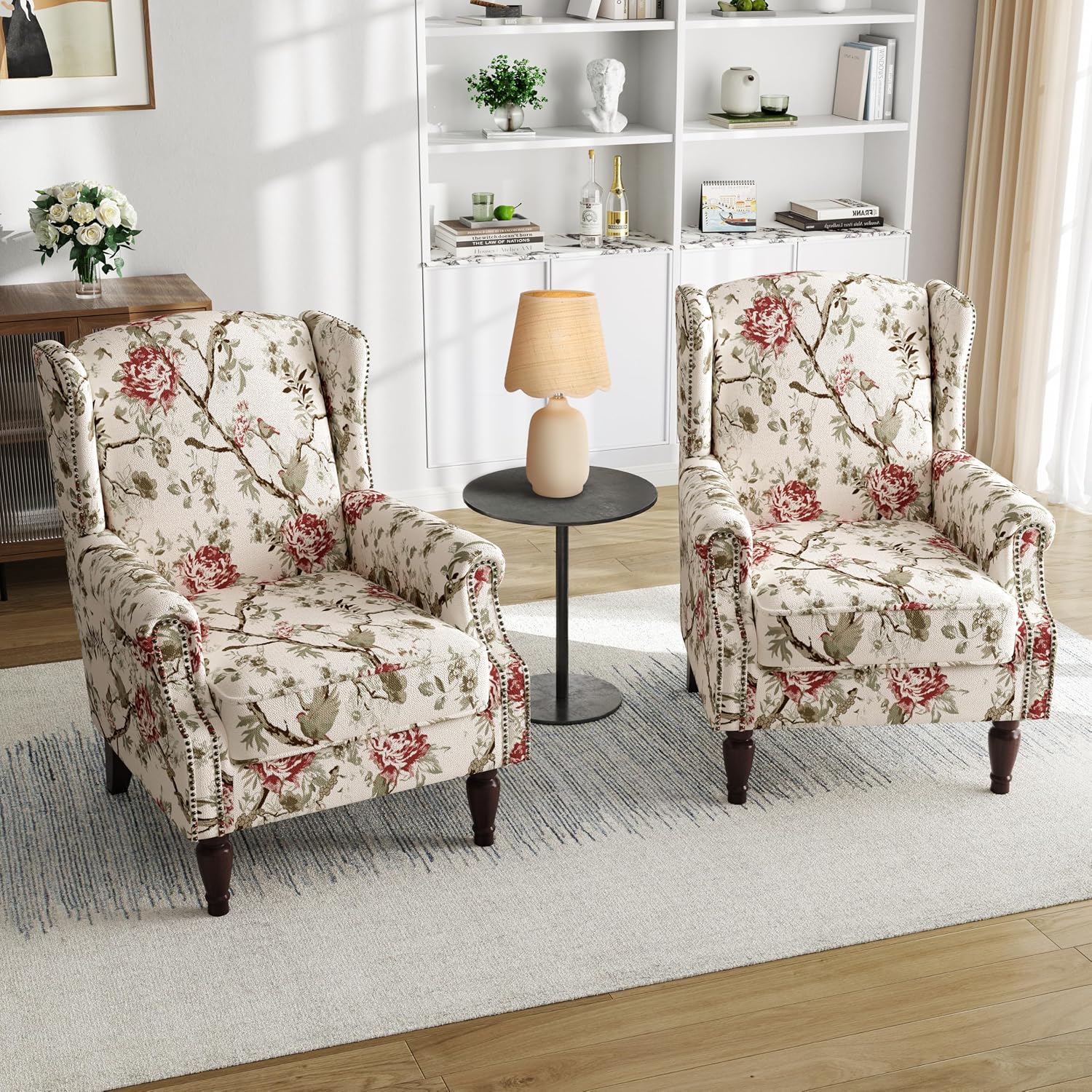 High Back Floral Accent Chair - Retro Wingback Upholstered Armchair with Nailhead Trim, Solid Wood Legs, Fabric Living Room Bedroom Reading Chair (Flower Beige)