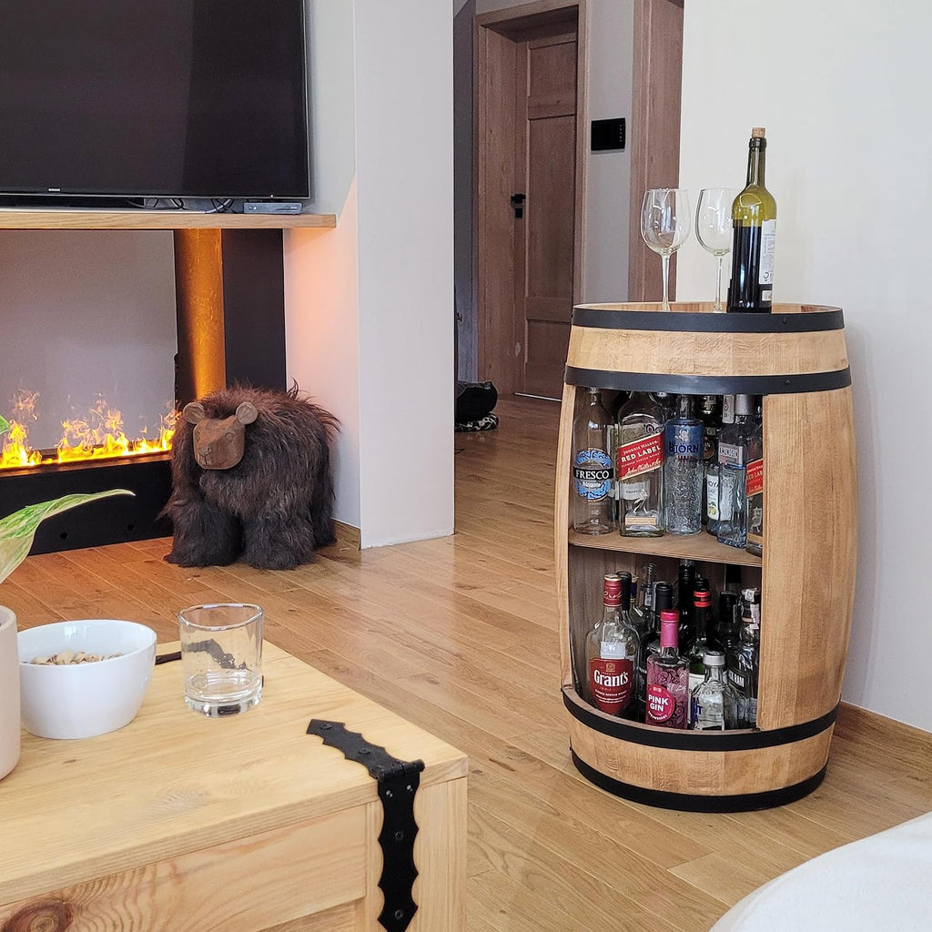 Wooden Barrel with Wine Holder - Wine Rack. 80 cm. Rustic Decorative Bar Cabinet Wine Stand - Home Bar R.G.B. Draft Beer, Whisky Bar Bottle Stand. Home Bar Gift for Man (Light Brown)