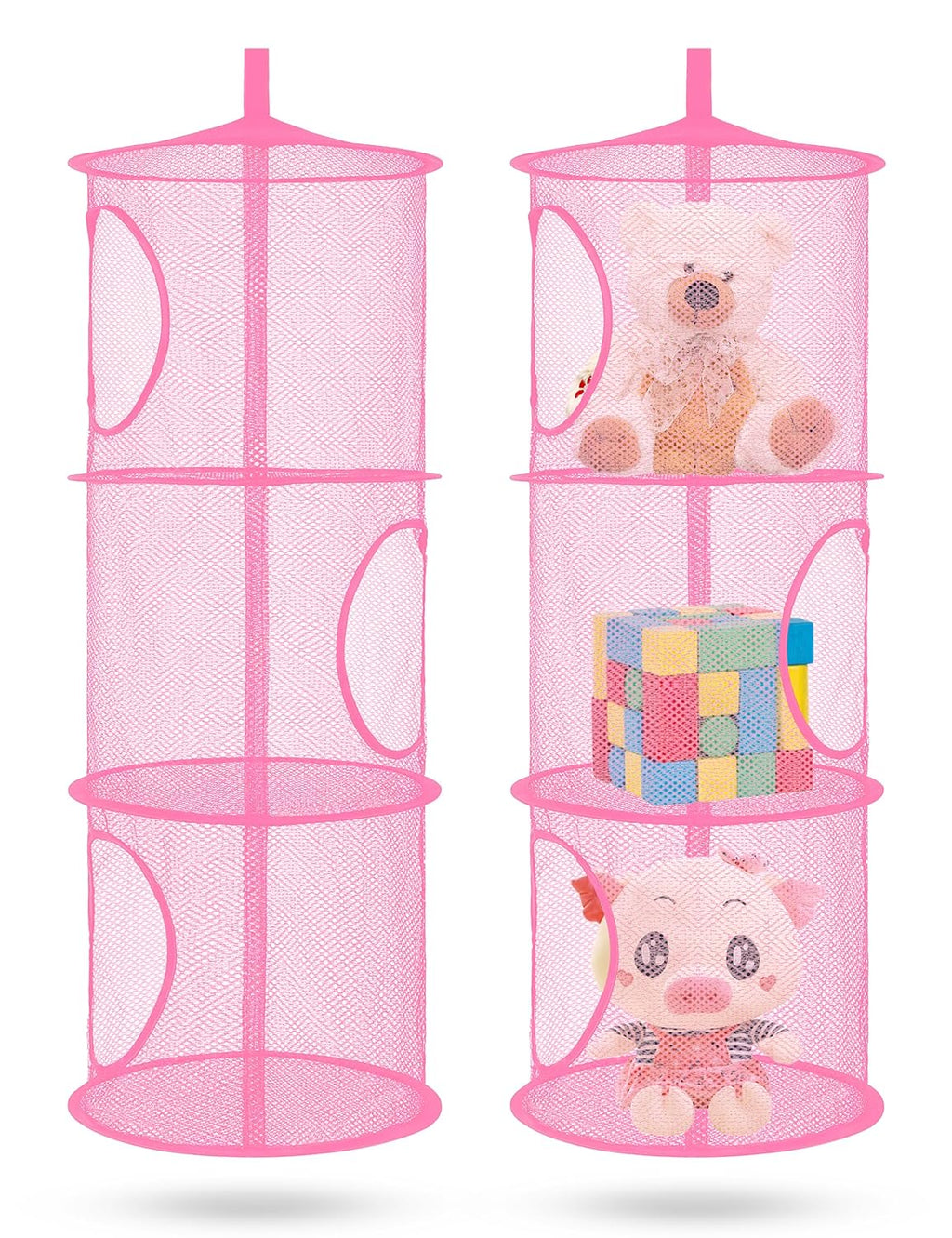Libeder Mesh Hanging Storage Space Saver Bags Organizer,Foldable Storage Organizer 3 Compartments Toy Storage Basket for Kids Room Bathroom 2 Sets Pink