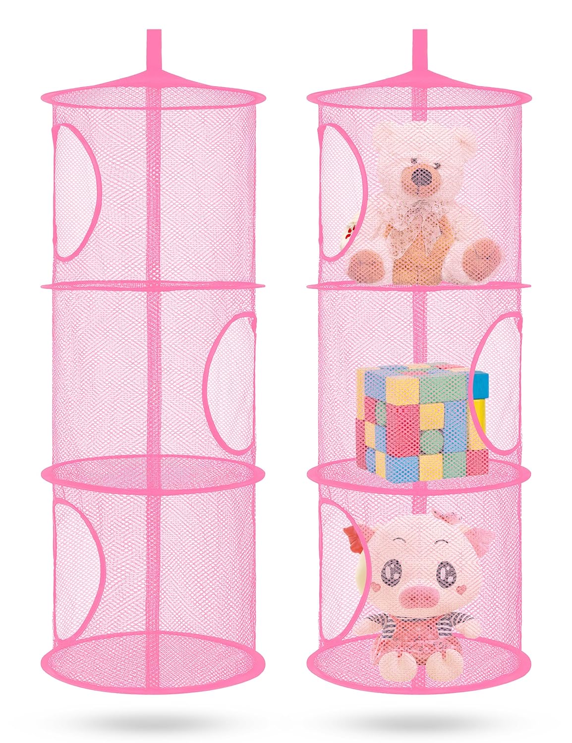Libeder Mesh Hanging Storage Space Saver Bags Organizer,Foldable Storage Organizer 3 Compartments Toy Storage Basket for Kids Room Bathroom 2 Sets Pink