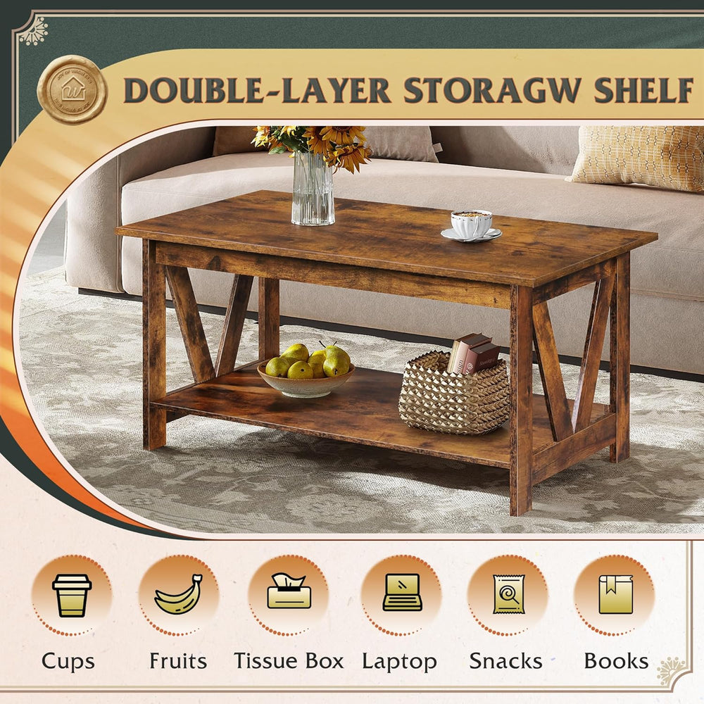 WLIVE 39.4" Farmhouse Coffee Table, Wood Center Table Storage Dark Brown