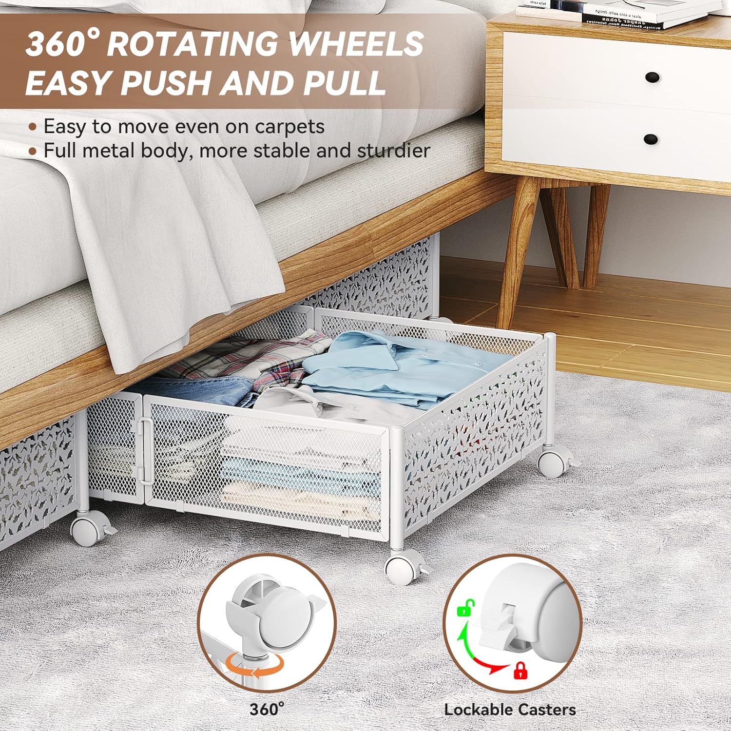 PHINOX Under Bed Storage, Under the Bed Storage Containers with Wheels, Under Bed Shoe Storage Organizer Drawer for Bedroom Clothes Shoes Blankets -4Pack