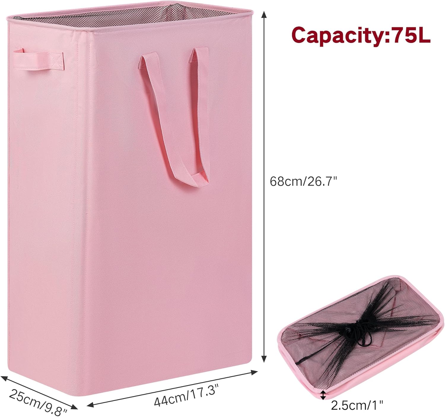 efluky Slim Laundry Basket, Narrow Laundry Hamper with Handles, Collapsible Dirty Clothes Hamper, Tall Laundry Bin for Laundry Room, Dorm and Bedroom, 19.8 Gallon (75L) Pink