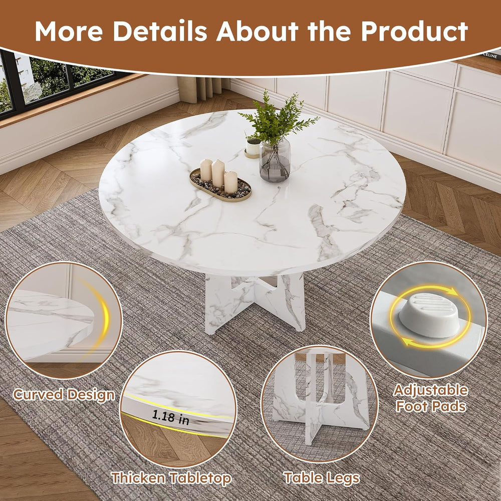 Round Modern Dining Table Set for 4, 47" Circle White Faux Marble Kitche...