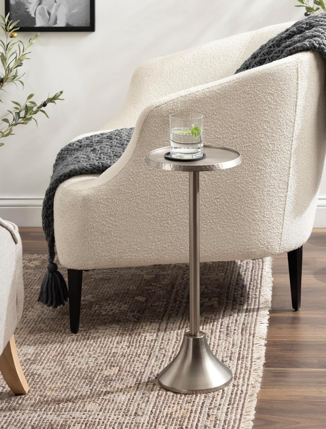 Kate and Laurel Sanzo Modern Pedestal Drink Table; 9 x 9 x 23; Antique Nickel; Decorative End Table with Hammered Tabletop for Use as Small Plant Stand or Living Room Martini Table