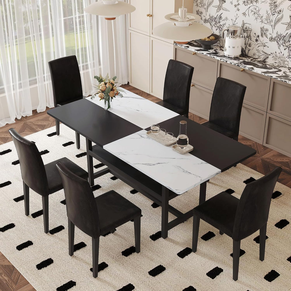 71" Dinner Table Set for 6, Modern Dining Table Set for 6, Black and Whi...