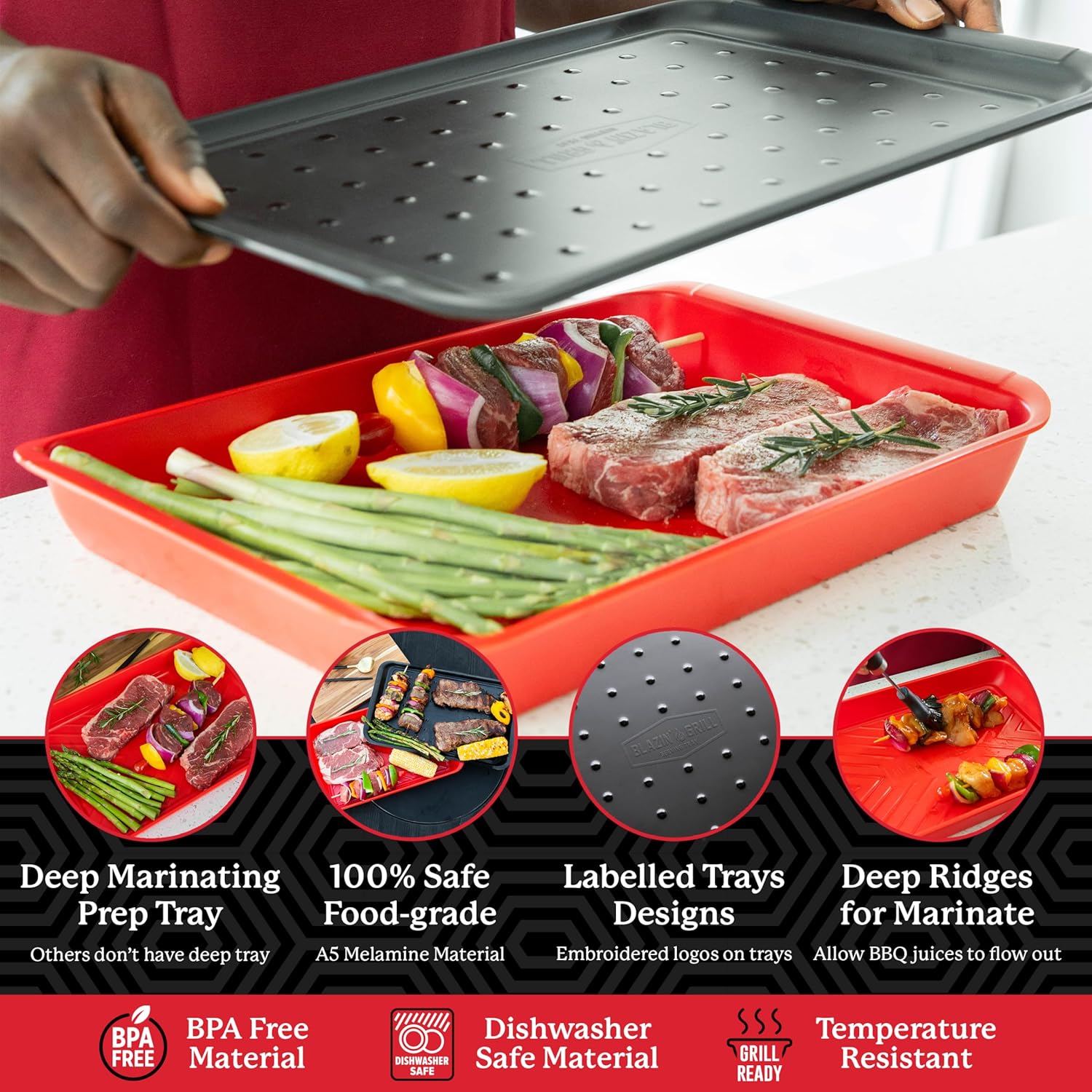 BLAZIN' GRILL Prep and Serve Trays | Set of 2 Stackable, Melamine Trays | Serving Tray & Marinating Tray | Serving Platter for Plating Food & BBQ Prep Tub for Marinating Meats | Grill Accessories |