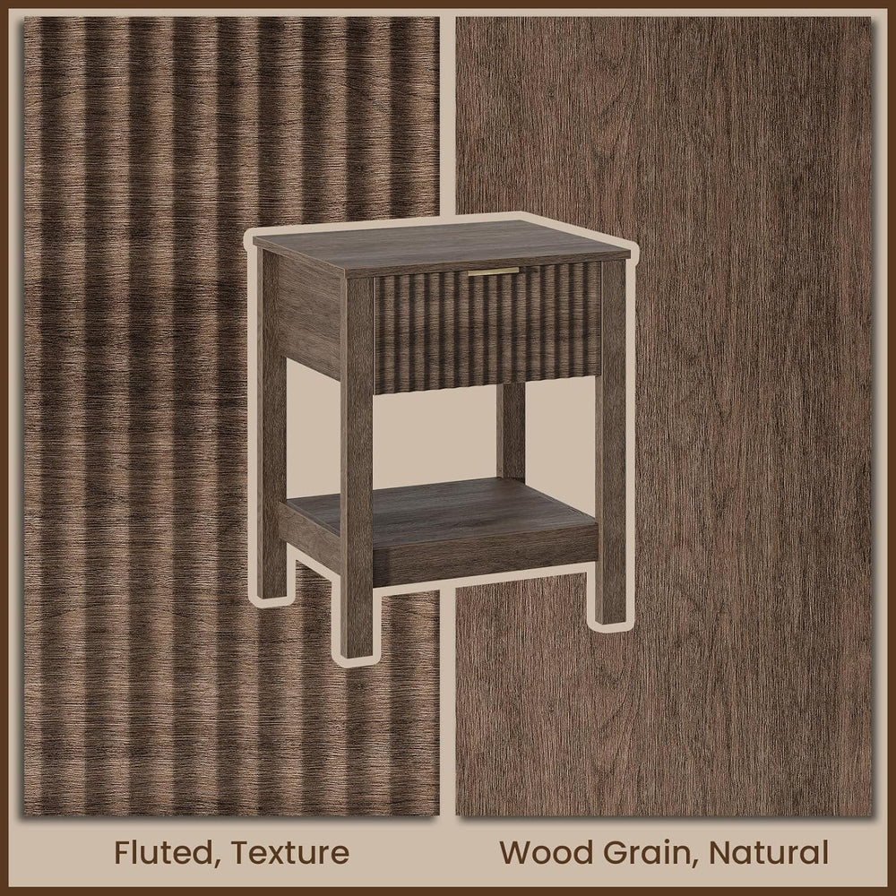 Fluted Night Stand with Golden Handle,Set of 2 Mid-Century Nightstands with D...