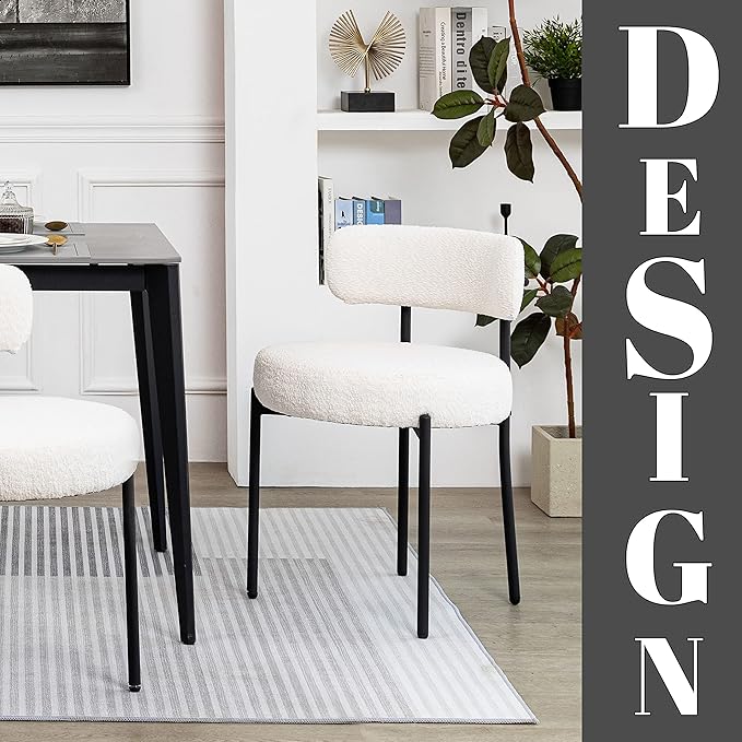 DYHOME White Dining Chair One Chair for Kitchen Dining Room,Upholstered Boucle Dining Chair with Black Metal Legs, Curved Backrest Modern Dining Room Chair