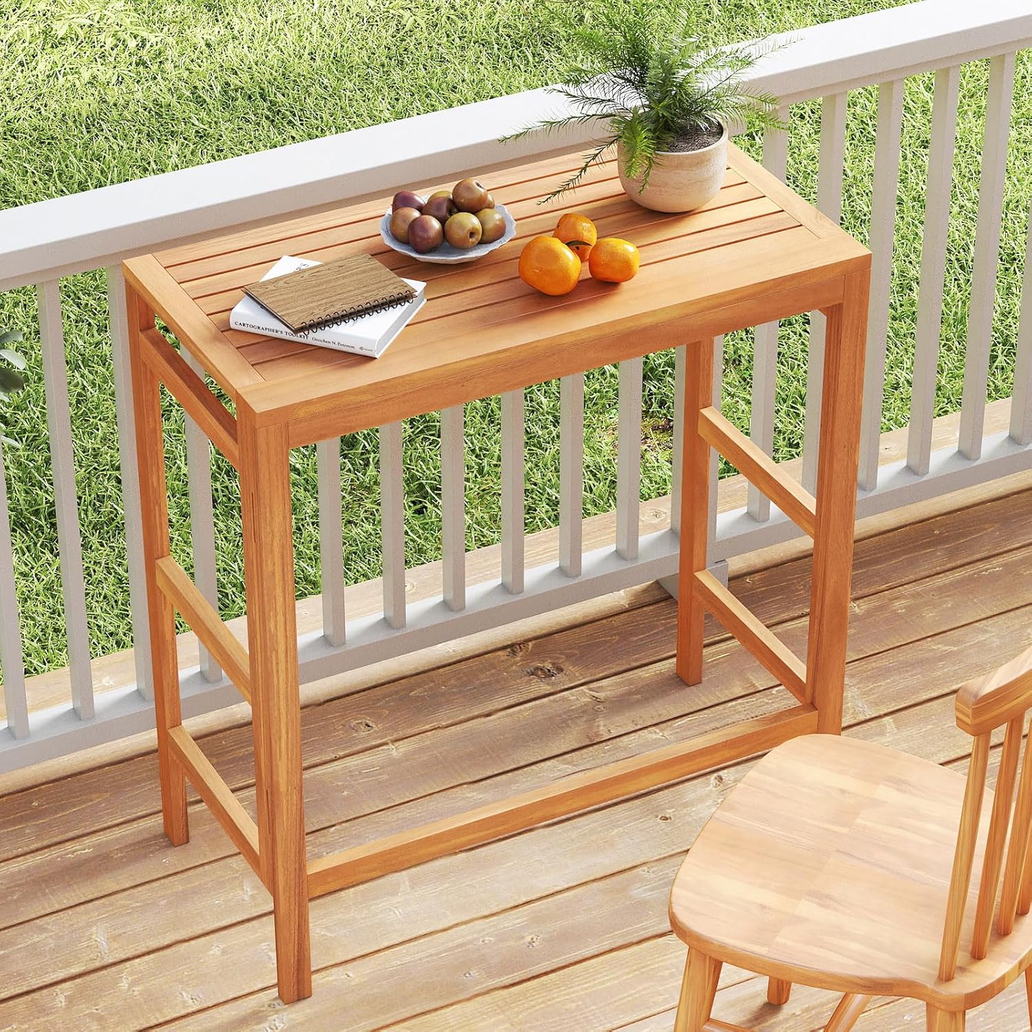 Tangkula Acacia Wood Outdoor Folding Bar Table, Patio Rectangle Counter Height Pub Table with Slatted Tabletop, for Balcony, Backyard Garden and Poolside