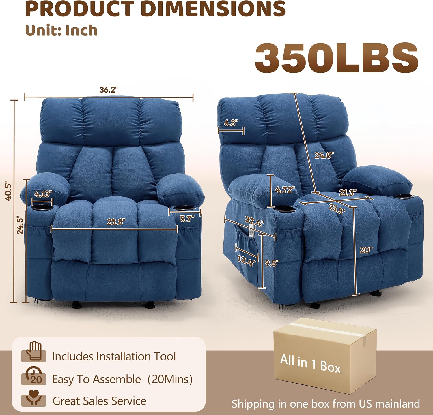 Massage Rocker Recliner Chair for Living Room, Vibration Massage Heat,Blue | USB Charge Port, 4 Pockets, 2 Cup Holders, Ergonomic Comfy Recliners, Sofa Chair, Reading & Bedroom Chair