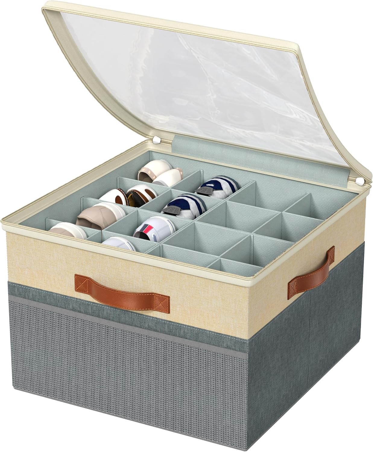 Shoe Organizer for Closet, 2 Pack Foldable Shoe Storage Organizer Box Bin with Adjustable Dividers and Clear Cover, Fits up to 16-32 Pairs（Grey&Beige）