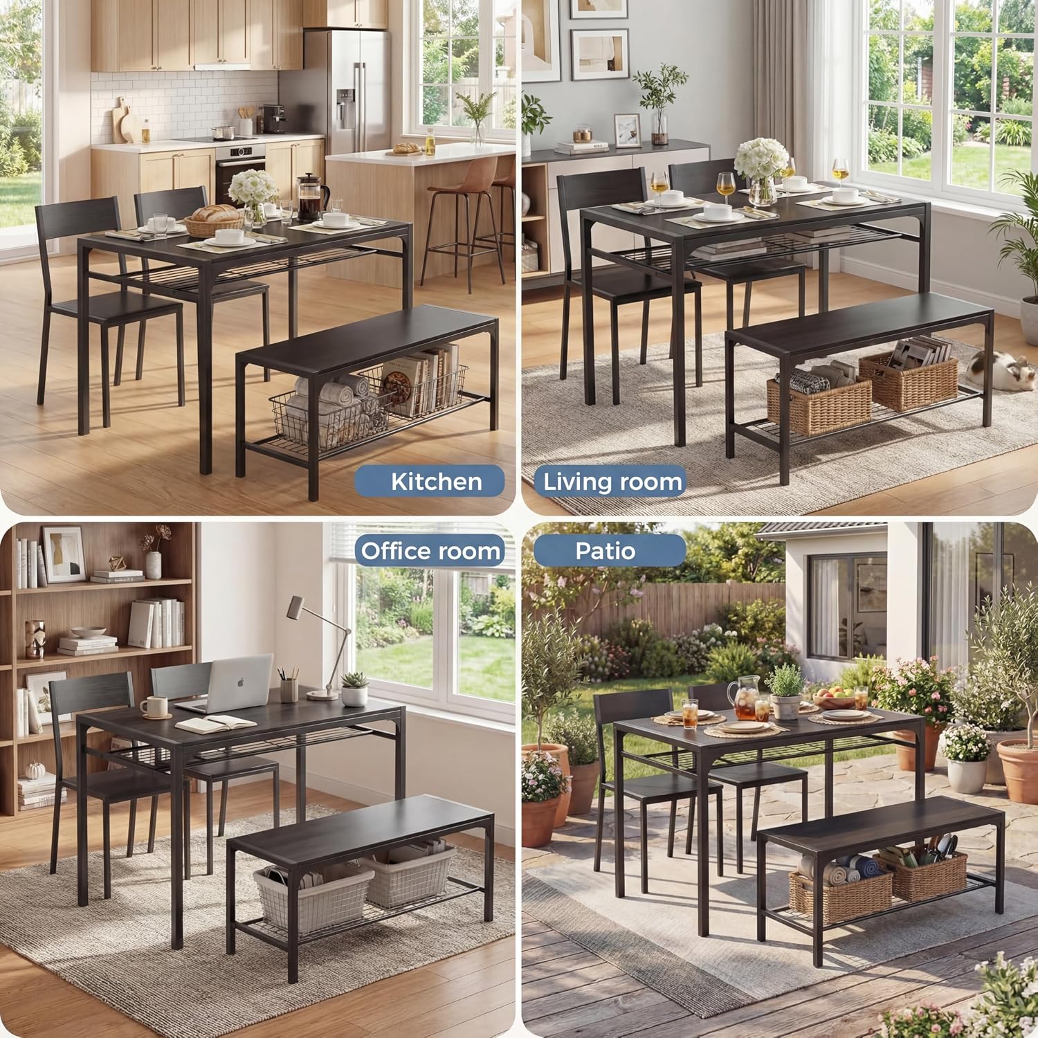 Gizoon Kitchen Table and 2 Chairs for 4 with Bench, 4 Piece Dining Table Set for Small Space, Apartment