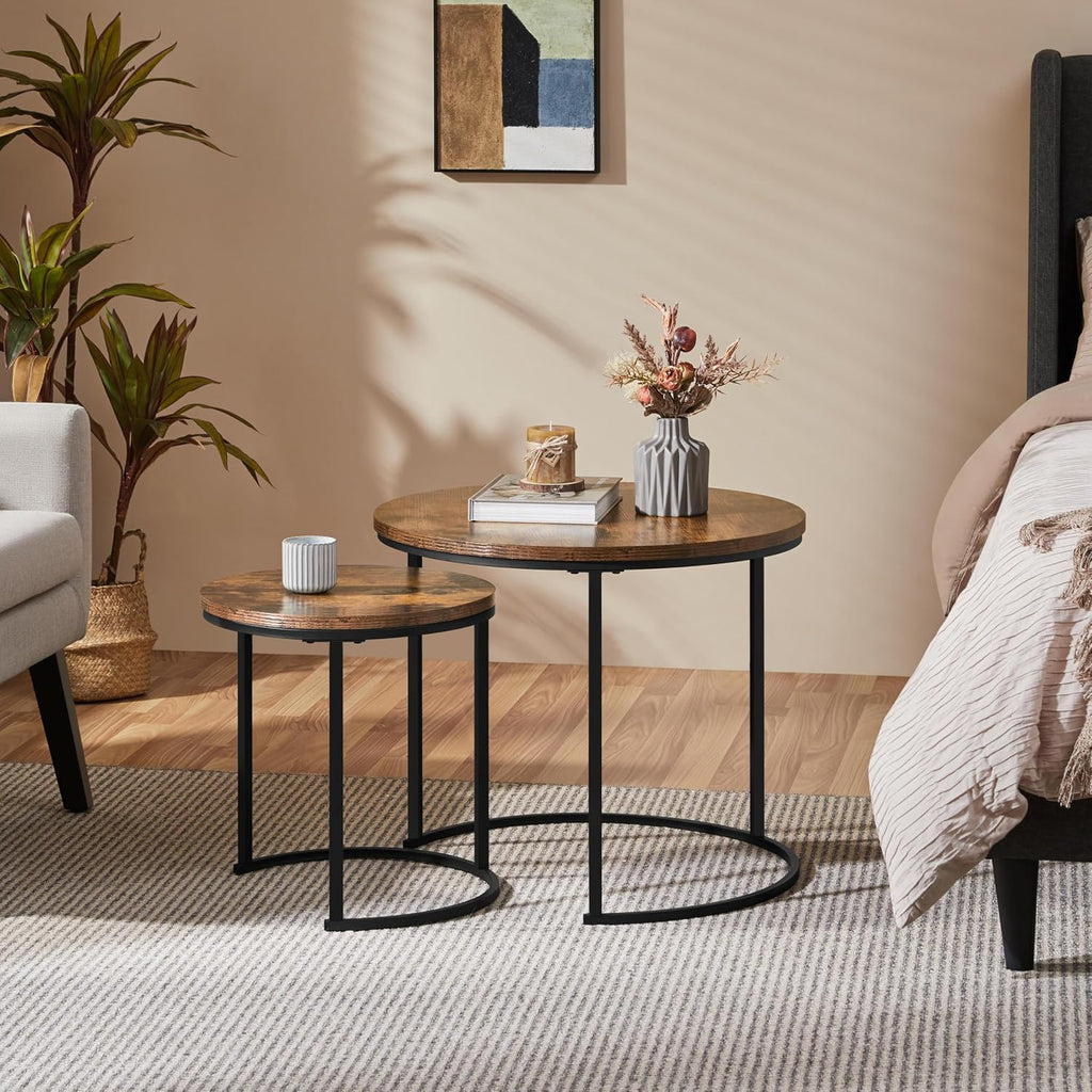 Yaheetech Small Round Nesting Coffee & Side Table Set of 2, Rustic Brown | Space-Saving Nesting Design, Engineered Wood Tops on Black Metal Frames, Use Apart as End Tables, Easy Assembly, 99 lb Max
