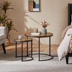 Yaheetech Small Round Nesting Coffee & Side Table Set of 2, Rustic Brown | Space-Saving Nesting Design, Engineered Wood Tops on Black Metal Frames, Use Apart as End Tables, Easy Assembly, 99 lb Max