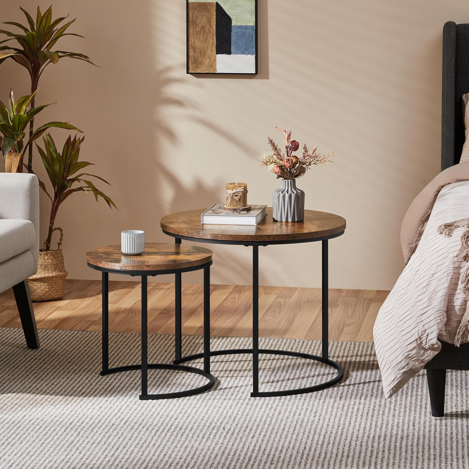 Yaheetech Small Round Nesting Coffee & Side Table Set of 2, Rustic Brown | Space-Saving Nesting Design, Engineered Wood Tops on Black Metal Frames, Use Apart as End Tables, Easy Assembly, 99 lb Max