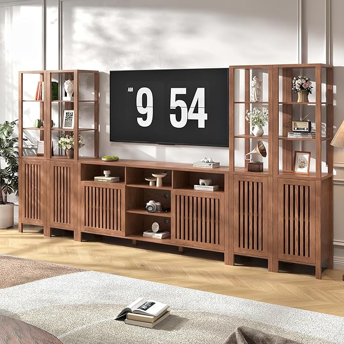 Farmhouse TV Stand for 70 inch TVs, Entertainment Center with Bookshelves - 6 Door Media Console with Adjustable Shelves, Storage Cabinet for Living Room Bedroom Home Theater, Rustic Brown