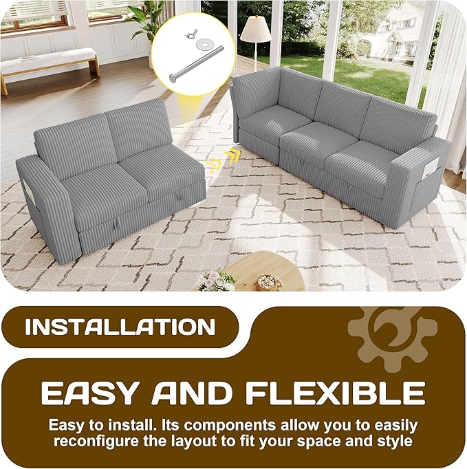 83.5" Sectional Sleeper Sofa with Pull Out Couch, Modern 5 Seat L Shaped Modular Couch, Sectionals Modular Sofa with Storage, Comfy Corduroy Couches Sectional for Living Room & Apartment, Gray