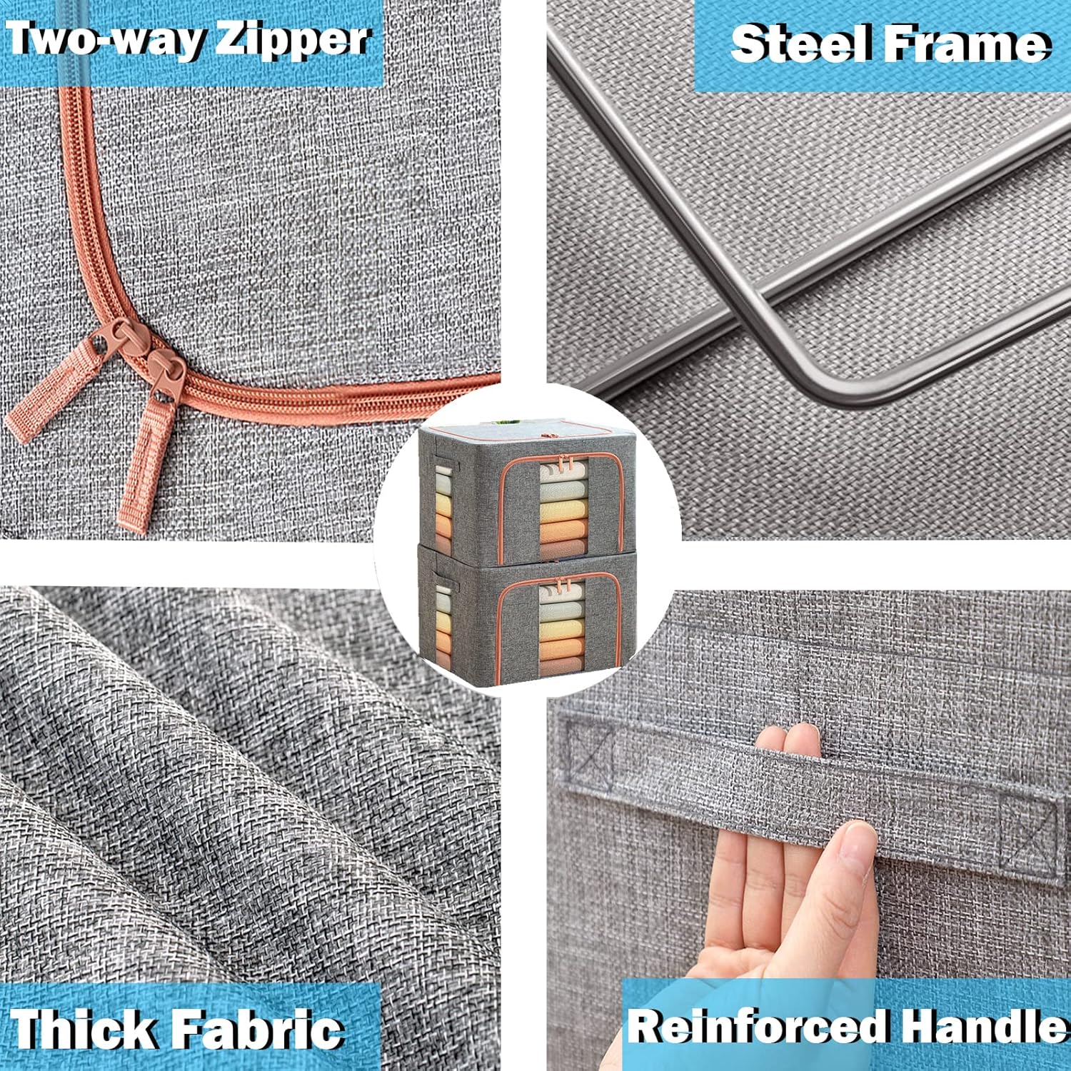 Large Storage Bags,Stackable Clothes Storage Bins with Hold Shape Metal Frame,Foldable Closet Organizer Containers with Zipper,Clear Window,Thick Fabric for Seasonal Clothing,Bedding (3 Pack, 66L)