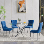 Henf 5 Piece Round Glass Dining Table Set for 4, Modern 47" Round Dining Table & Chair Set Circle Glass Kitchen Table and 4 Velvet Tufted Chairs for Kitchen Dining (Silver Table & Blue Chair)