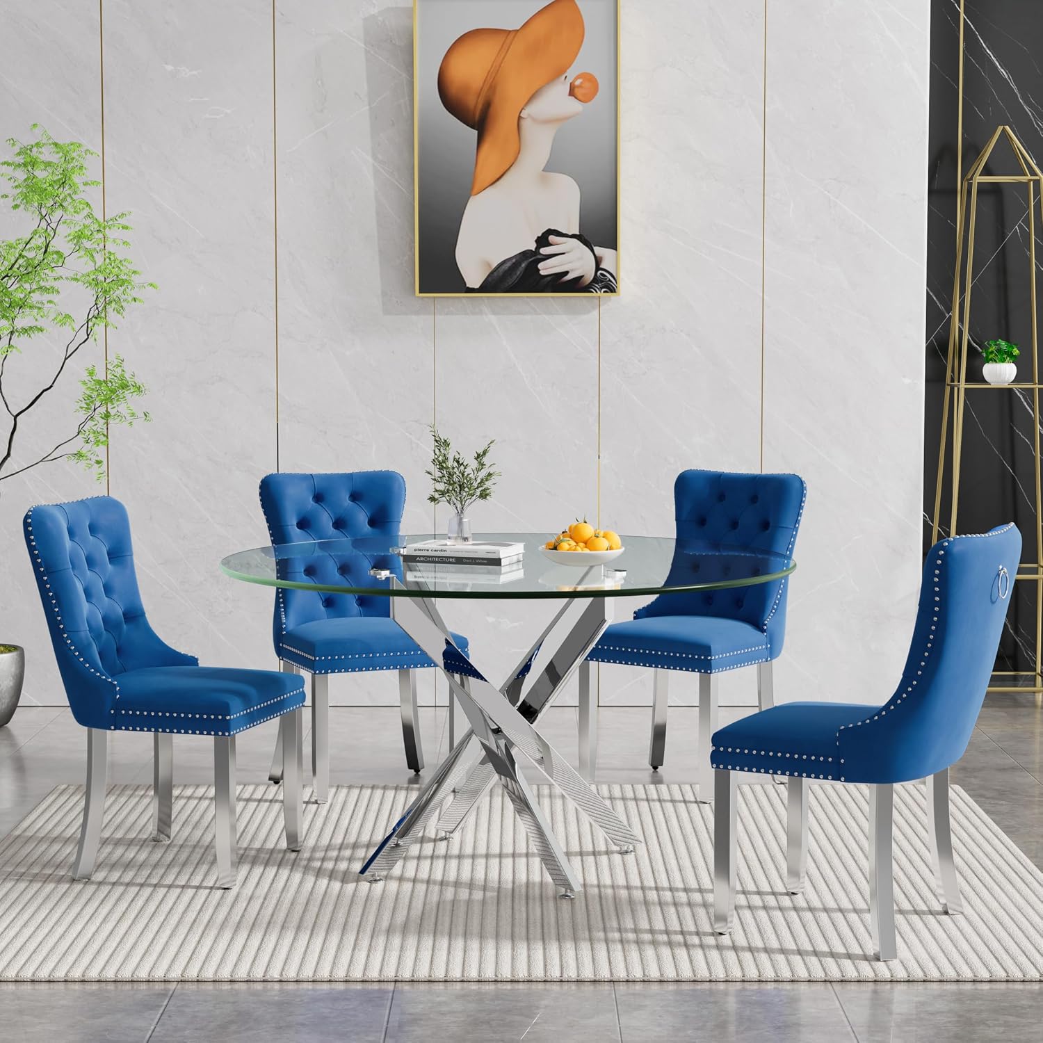 Henf 5 Piece Round Glass Dining Table Set for 4, Modern 47" Round Dining Table & Chair Set Circle Glass Kitchen Table and 4 Velvet Tufted Chairs for Kitchen Dining (Silver Table & Blue Chair)