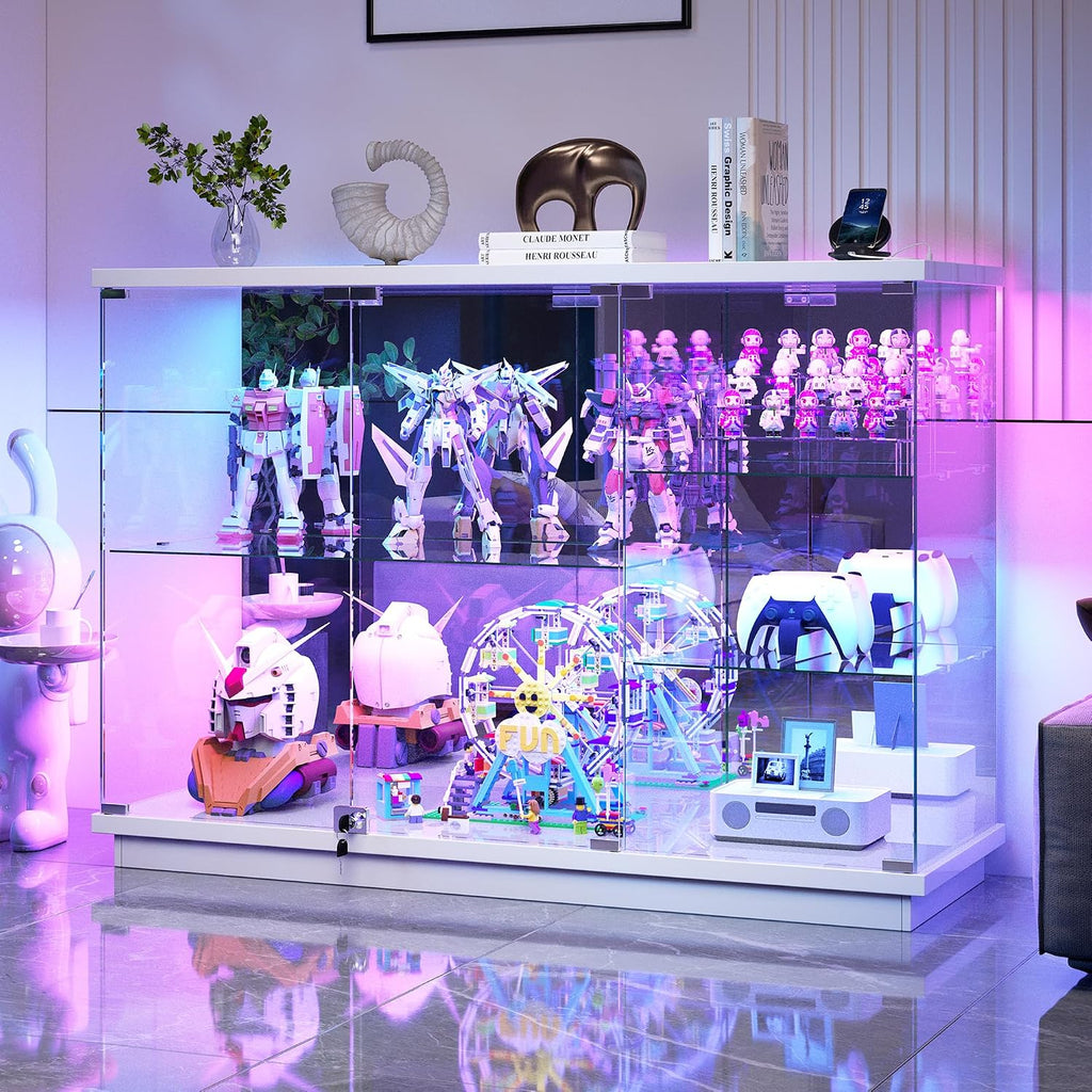 RGB Glass Display Cabinet - with Human Body Sensor, High Gloss Sideboard with Lock & Glass Shelves for Toys, Books, Collectibles, Liquor, Bookcase for Living Room, Kitchen, Study, White