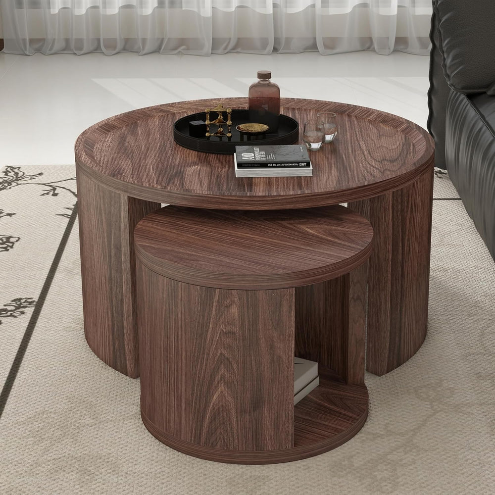 Round Nesting Coffee Table Set 2 with Storage for Small Space, Walnut | Wood ...