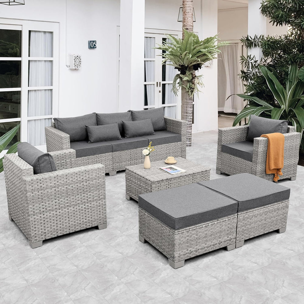 WAROOM Patio Furniture Set 6 Piece PE Rattan Outdoor Conversation Sets Grey W...