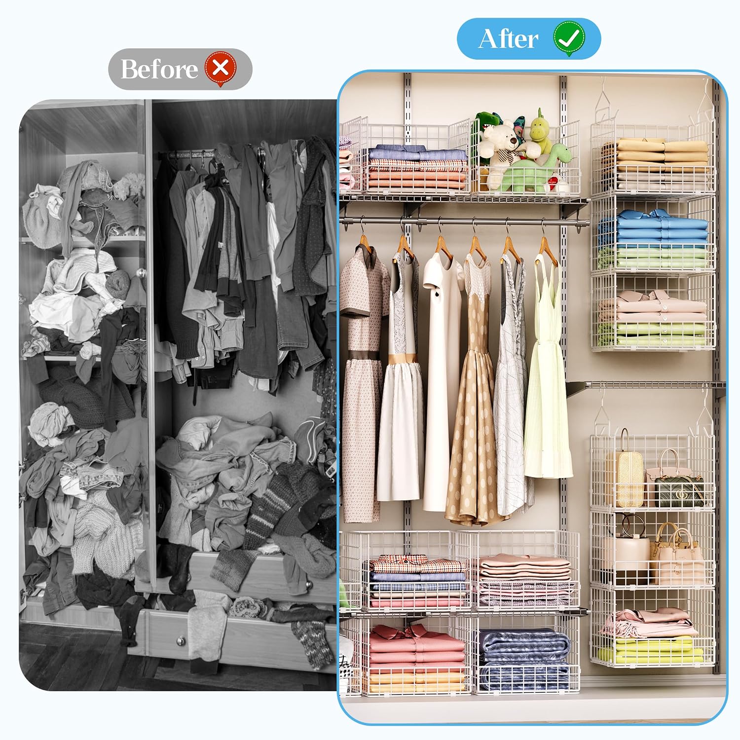 Sonyabecca 3-Tier Hanging Closet Organizer with 5 S Hooks, Closet Shelves for Clothes, Shoes, Handbags, Accessories, Hanging Basket, Closet Storage, Closet System, Closet Organizers and Storage