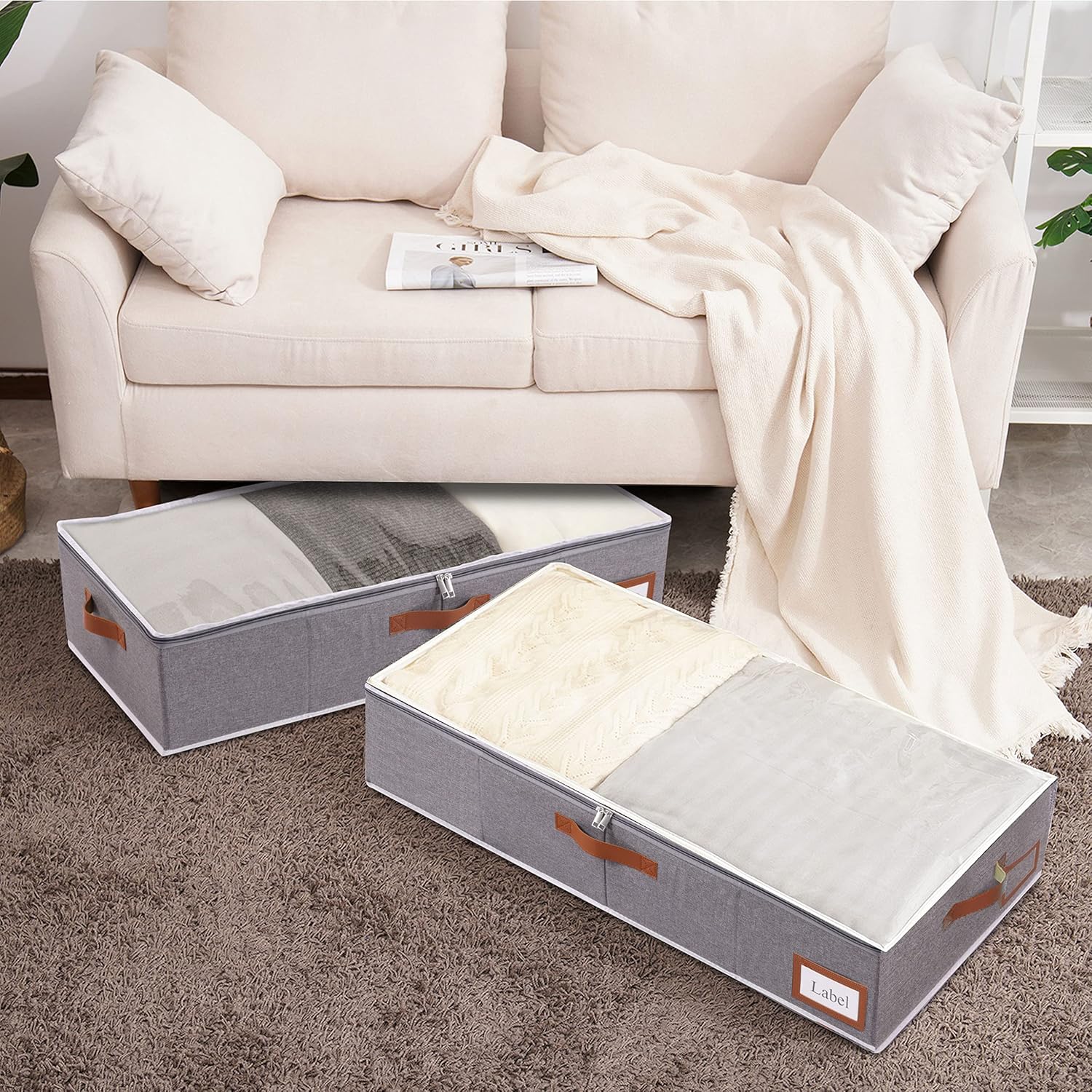 Yawinhe Under Bed Storage Containers, 2 Pack, Bin with Lids, Collapsible Closet Organizers, with Sorting Card Slot and 4 Leather Handles, for Blanket, Bedding, 31.5''Lx15.7''Wx6''H, Grey