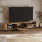 POVISON 94.49" Wood Fully-Assembled Sliding Tambour Door TV Stand, Oak | Mid Century Modern TV Console, Adjustable Shelves, Media Console for 85-98 Inch TV, Soft Close Cabinet Door, Storage Space