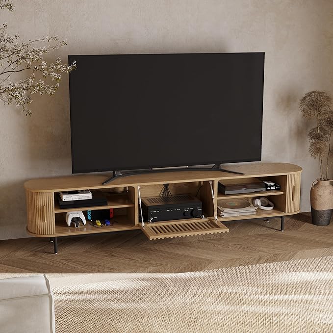 POVISON Fully-Assembled Mid Century Modern TV Stand for 85 inch TV, Sliding Door Entertainment Center with Storage, Wood TV Console, Media Console for Living Room Bedroom(Oak, 94.49")