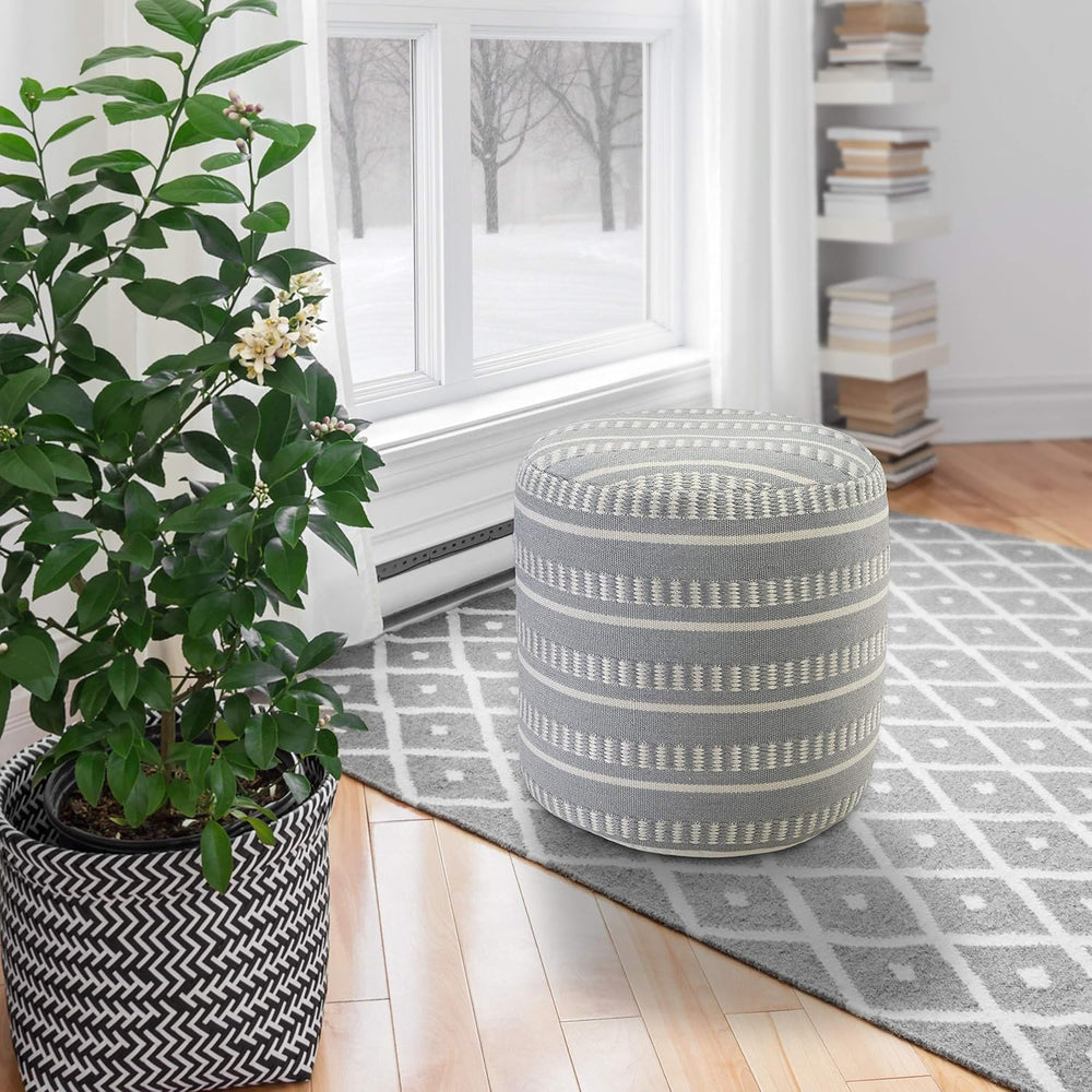 LR Home Dash and Stripe Geometric Indoor Outdoor Pouf, Blue/White, 20" x...
