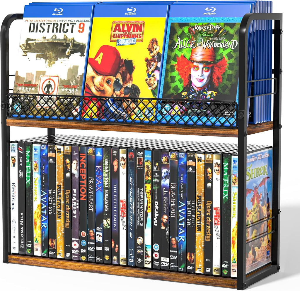 Alyoen 2-Tier DVD Storage Rack, DVD Shelf, DVD Holder Organizer with Display Top Shelf & Non-slip Pads, Stores Up to 56 DVDs, Retro DVD Stand Tower for Music Enthusiasts, Collection