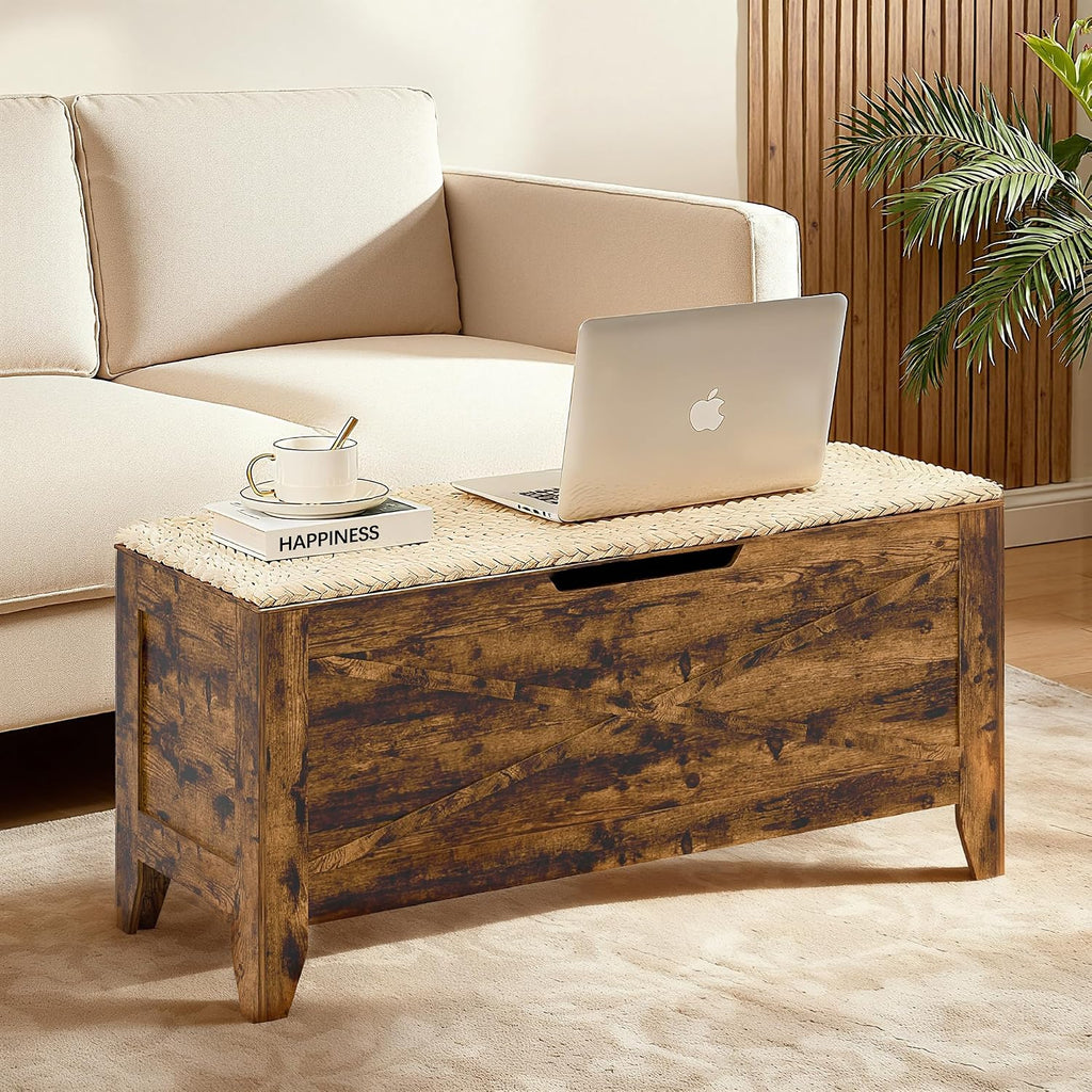 VECELO 43.3" Storage Bench, Entryway Shoe Ottoman, Farmhouse Style Bench with Handwoven Cushion and Metal Safety Hinges, for Bedroom, Living Room, Entryway, Brown