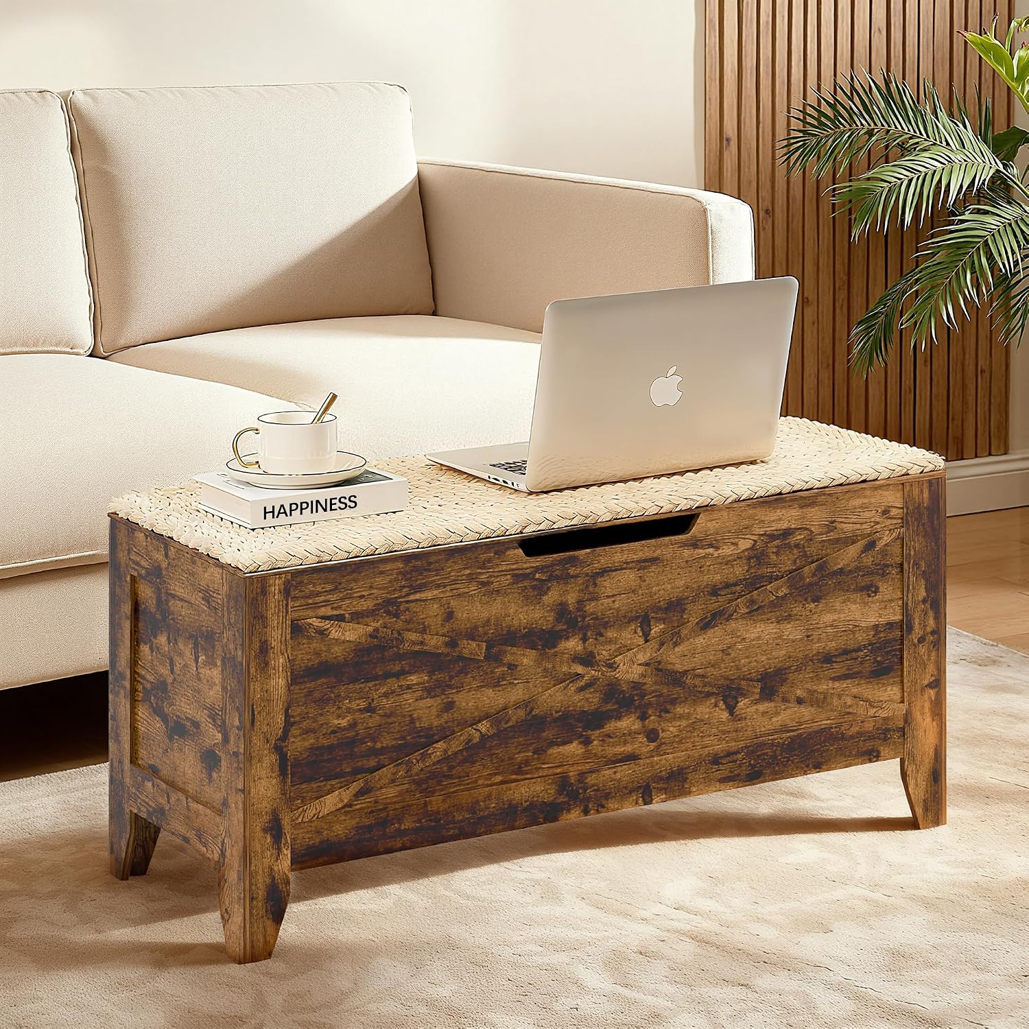 VECELO 43.3" Storage Bench, Entryway Shoe Ottoman, Farmhouse Style Bench with Handwoven Cushion and Metal Safety Hinges, for Bedroom, Living Room, Entryway, Brown