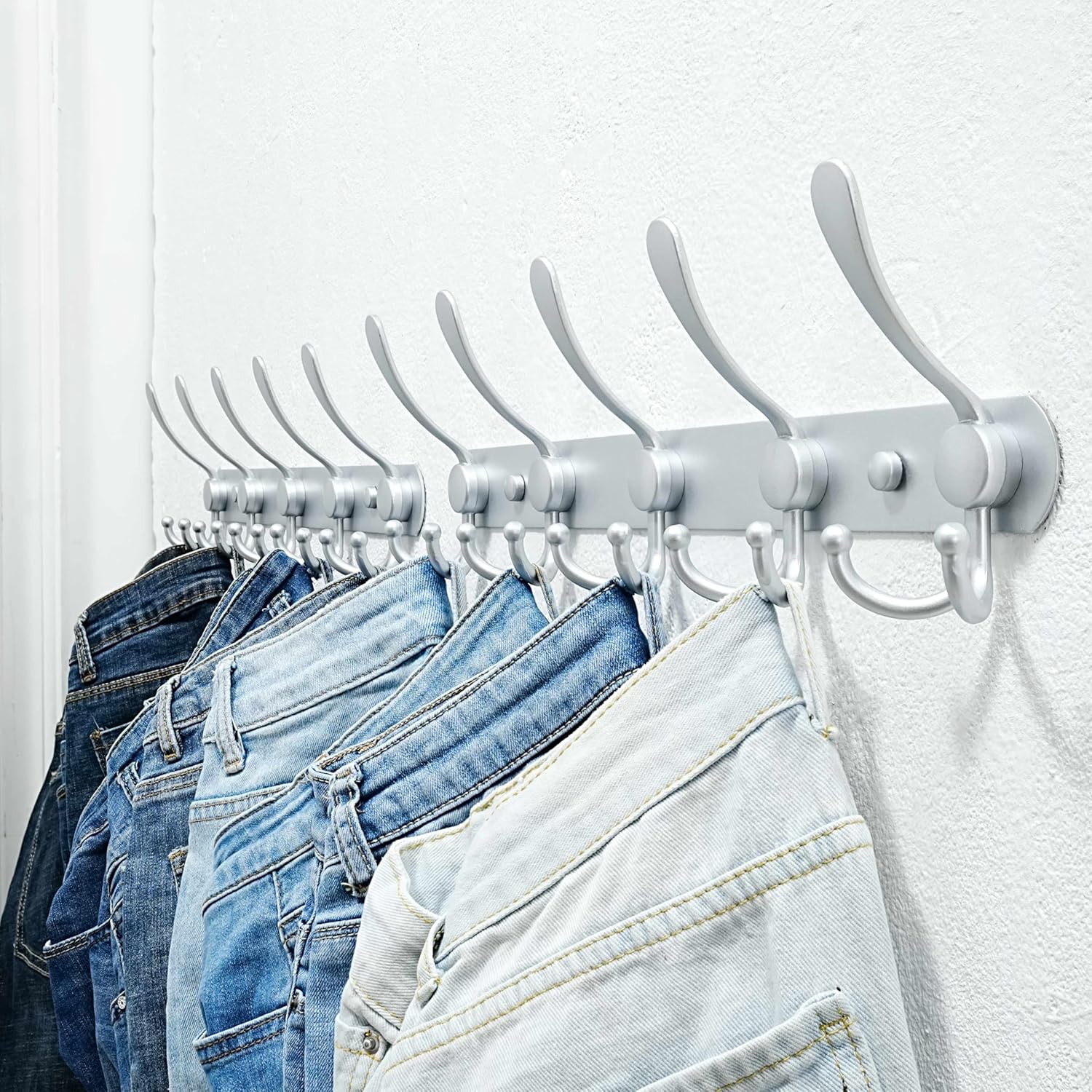 Dseap Coat Rack Wall Mounted - 5 Tri Hooks, Heavy Duty, Stainless Steel, Metal Coat Hook Rail for Coat Hat Towel Purse Robes Mudroom Bathroom Entryway, Silver